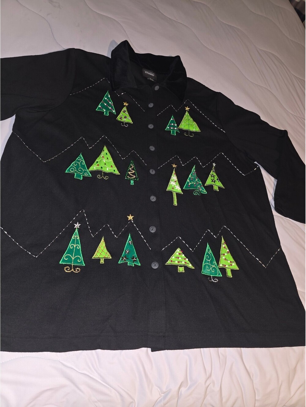 Vtg Studio Joy - XL Christmas Sweater Lined Shirt Embroidered Trees Ribbon Beads
